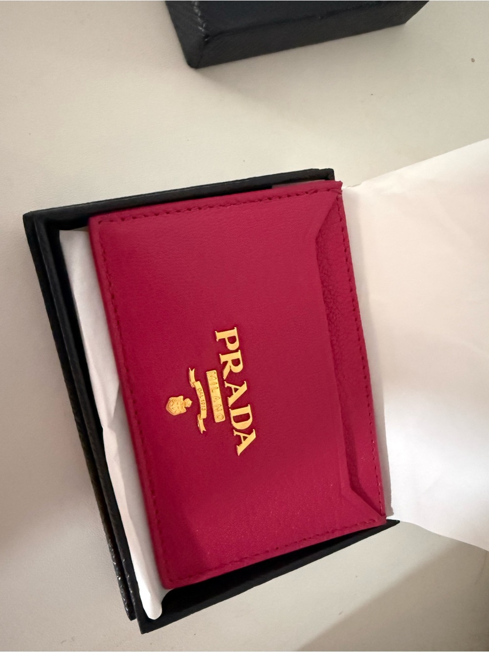 PRADA Fuchsia Leather Card Case with Gold Logo
